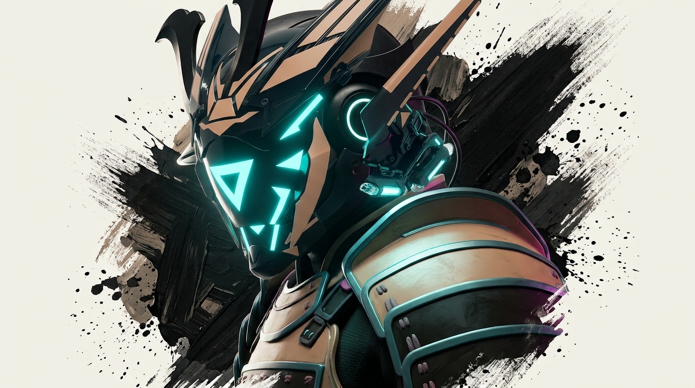 A cyber-samurai in a black kabuto helmet with glowing teal visor markings and almond armour plates, set against a splash of black ink.