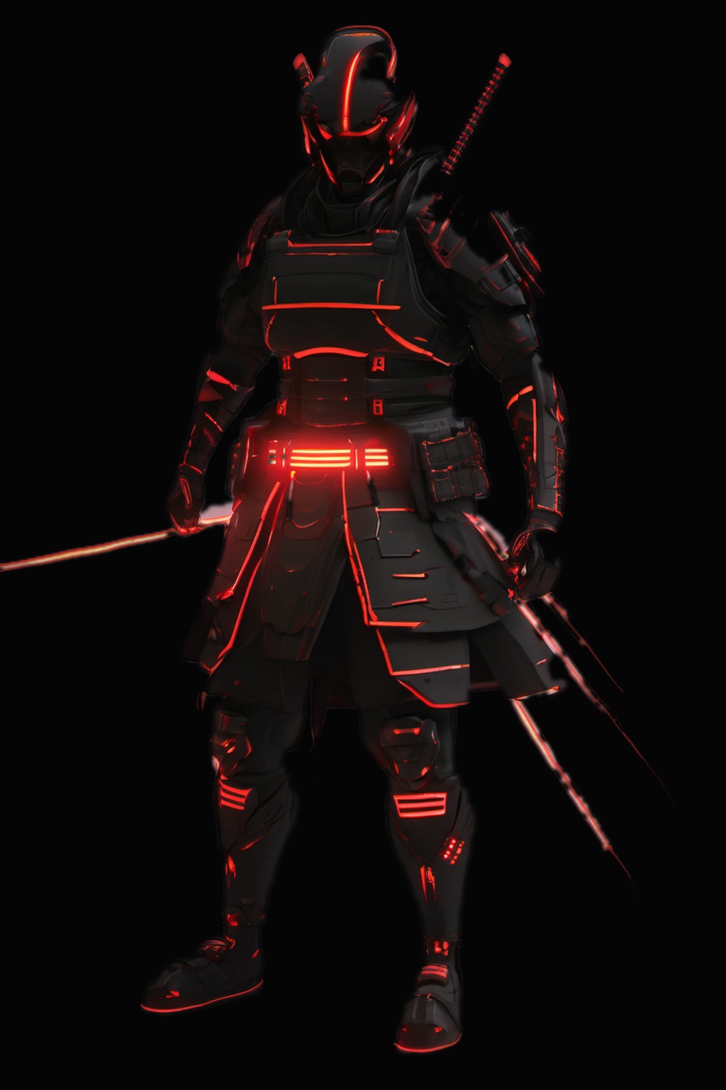 An armoured samurai sentinel in matte black, traced with glowing red light-lines, being built into existence by a red laser scan.
